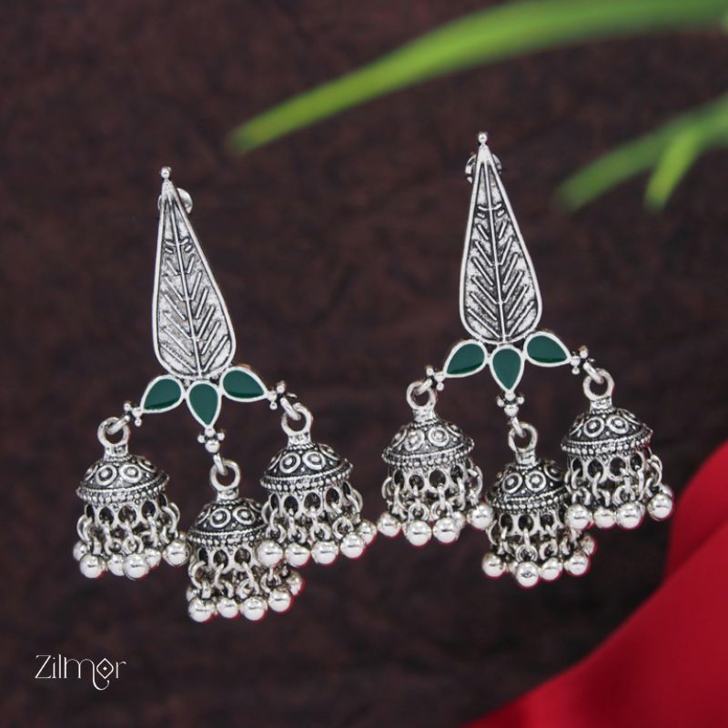 Silver Plated Enamel Artwork Triple Jhumki Earring - PT100386