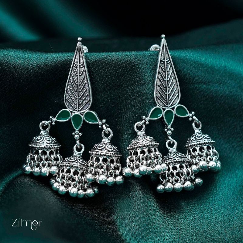 Silver Plated Enamel Artwork Triple Jhumki Earring - PT100386