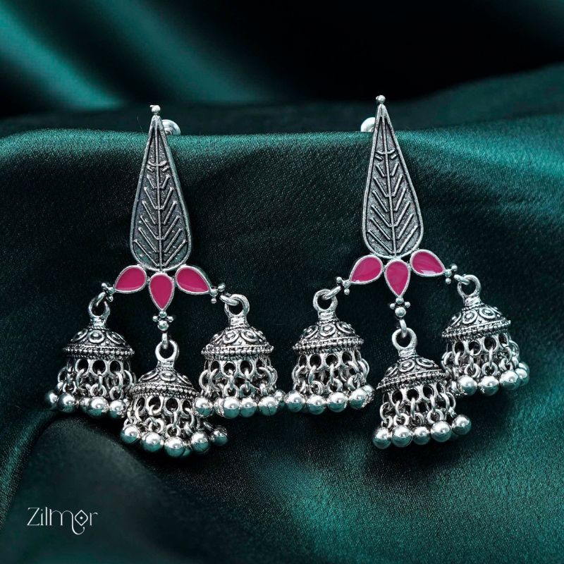 Silver Plated Enamel Artwork Triple Jhumki Earring - PT100386