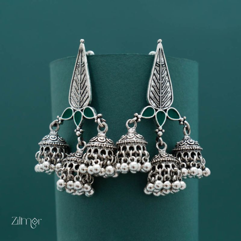Silver Plated Enamel Artwork Triple Jhumki Earring - PT100386