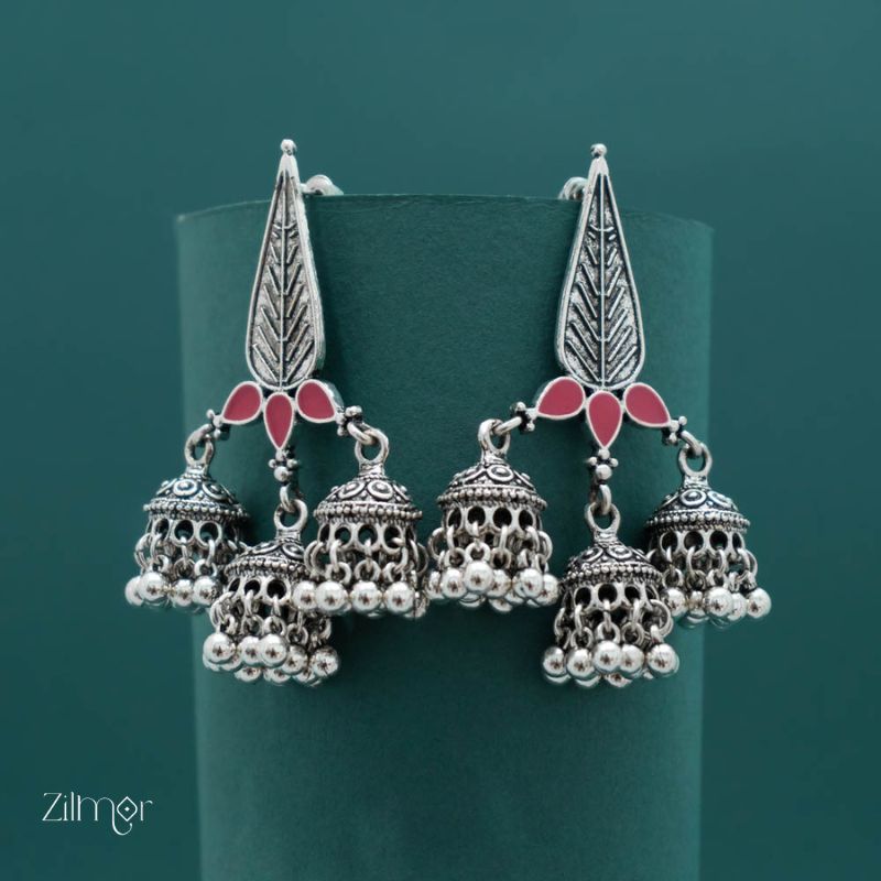 Silver Plated Enamel Artwork Triple Jhumki Earring - PT100386