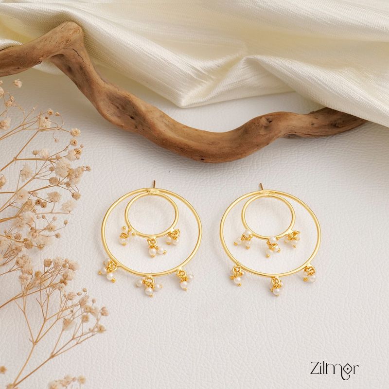 Double Ring with Pearl Hanging Earrings - KE100444
