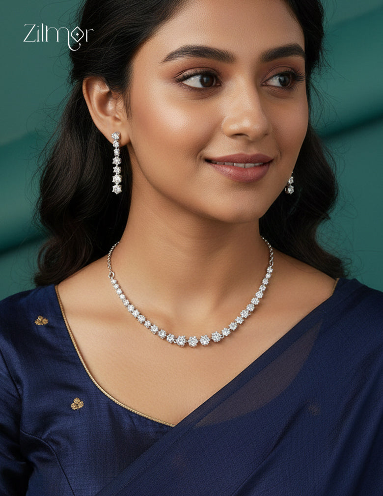 Silver Plated AD Stone Necklace with Earrings - CL1012284