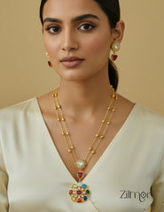 Elegant Navaratna Polki Stone Long Necklace – Double Layer Design