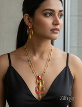 Gold Plated Lotus Pendant Jadua Stone Necklace Earrings Set