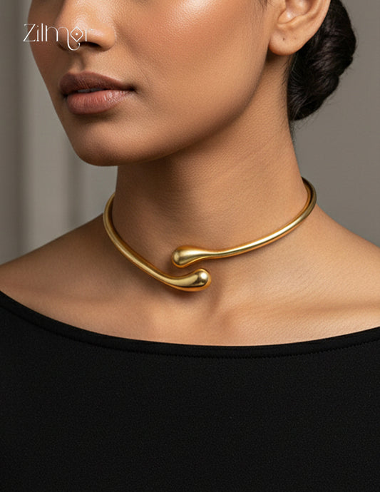 Golden Double Teardrop Cuff Hasli Necklace – Elegant Gold Finish for Women