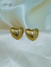 A pair of trendy contemporary golden heart-shaped stud earrings with a shiny anti-tarnish finish