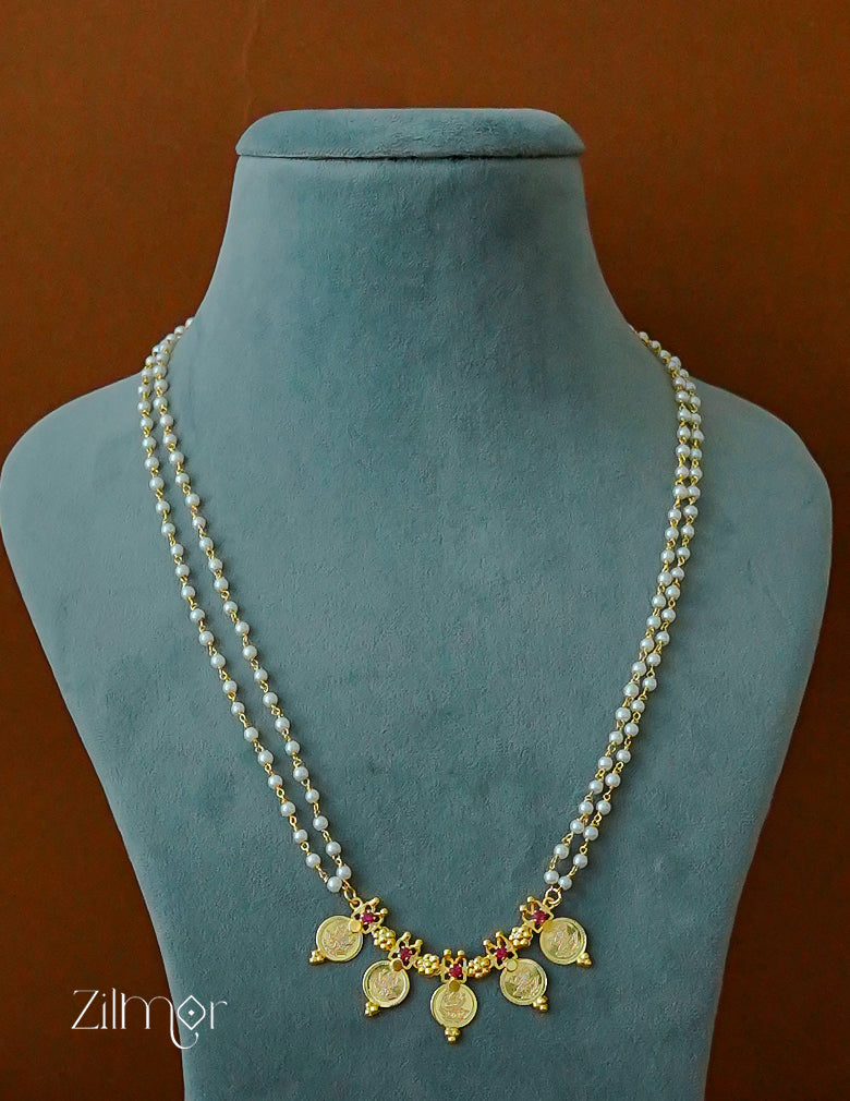 Classic Temple Jewelry – Double Layer Pearl Necklace with Lakshmi Pendants