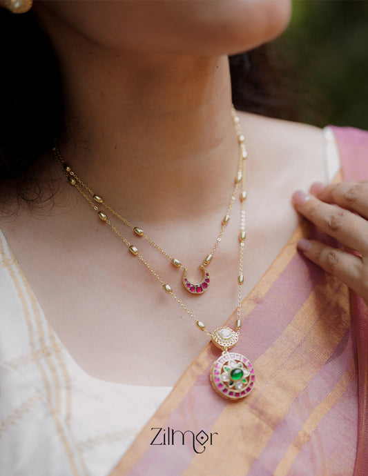 KH1011382 - Moissanite Stone& Jadau Kemp Double Layer Necklace with Earrings 5-Zilmor