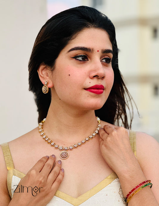 SN1011672 - Premium Finish Antique AD Stone Choker Necklace Earrings Set 2-Zilmor