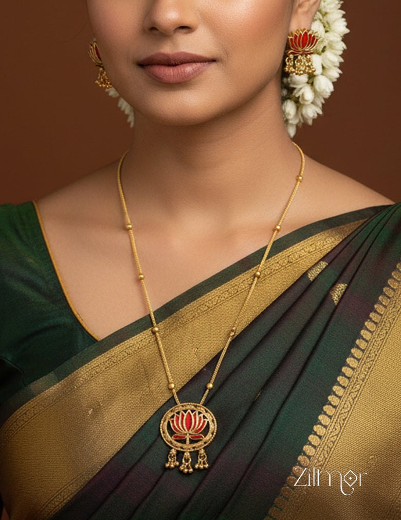 Woman wearing the complete antique lotus jewelry set for a spiritual look