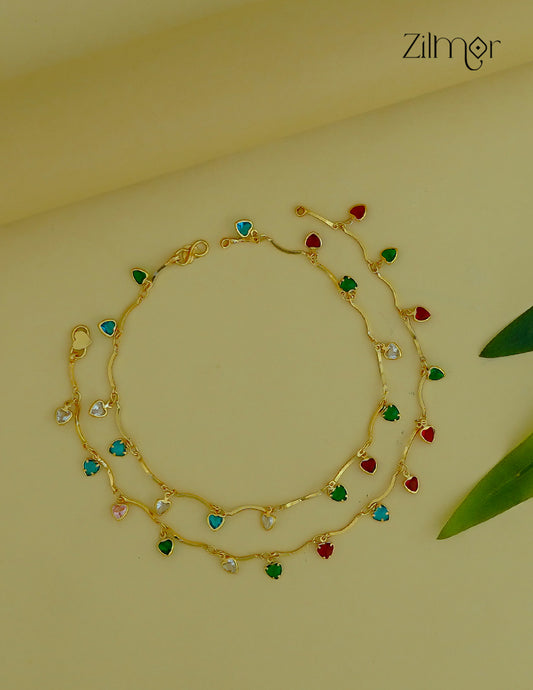 18k Gold Plated Multi colored Heart Charm Pair Anklet-KT1012196