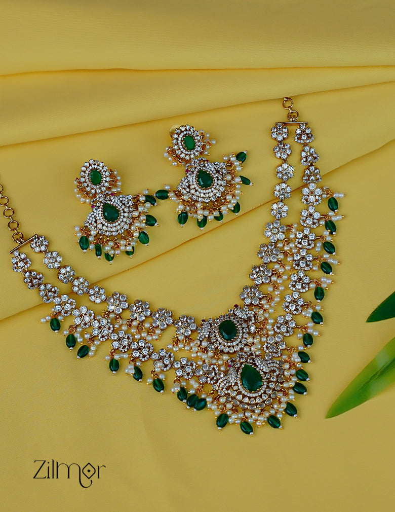 ZL1012020- Premium Antique AD Stone Double Layer Necklace with Earrings