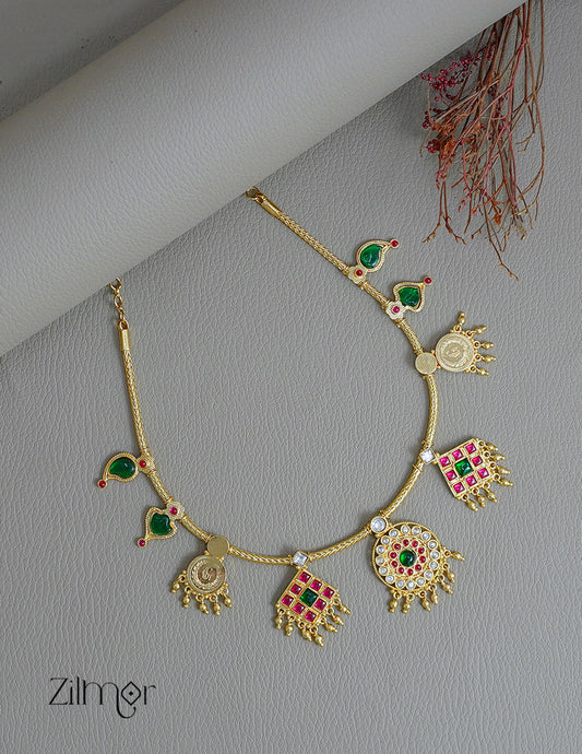 PP1011749- Kemp Stone Kaashu Coin & Palakka Traditional Necklace(Arya Maala)