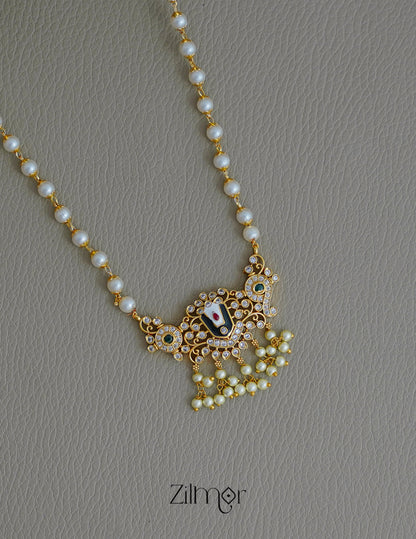 SN1011791 - AD Stone Shanku Chakra Perumal Pendant With  Long Pearl Necklace Earrings Set 3-Zilmor