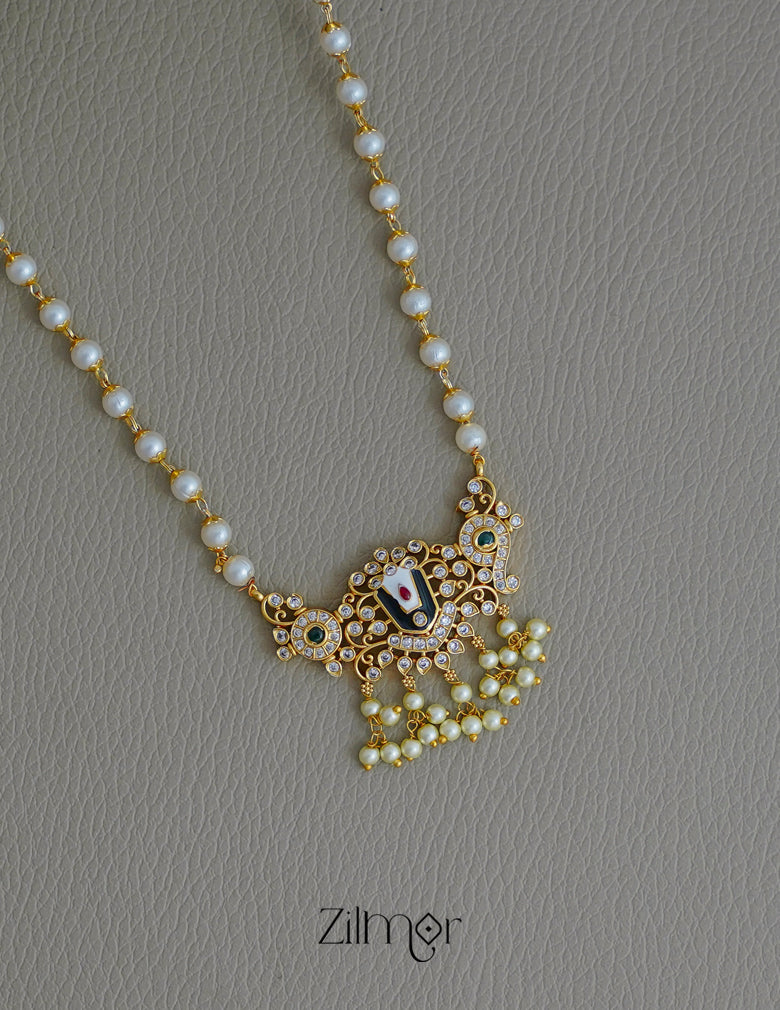 SN1011791 - AD Stone Shanku Chakra Perumal Pendant With  Long Pearl Necklace Earrings Set