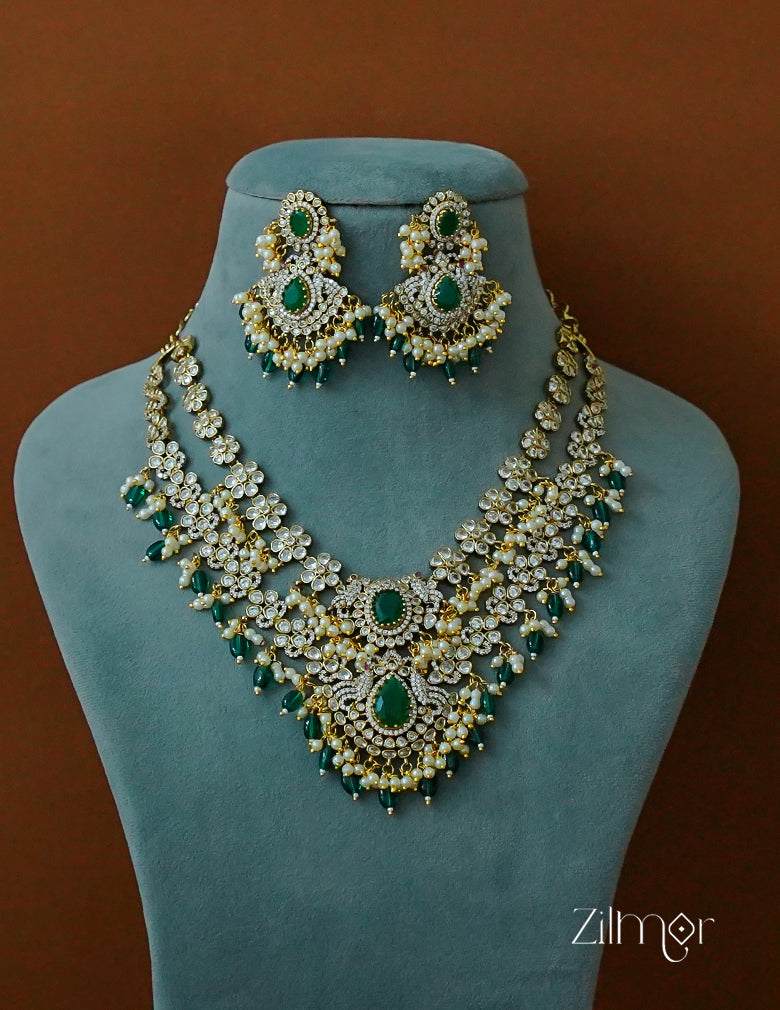 ZL1012020- Premium Antique AD Stone Double Layer Necklace with Earrings