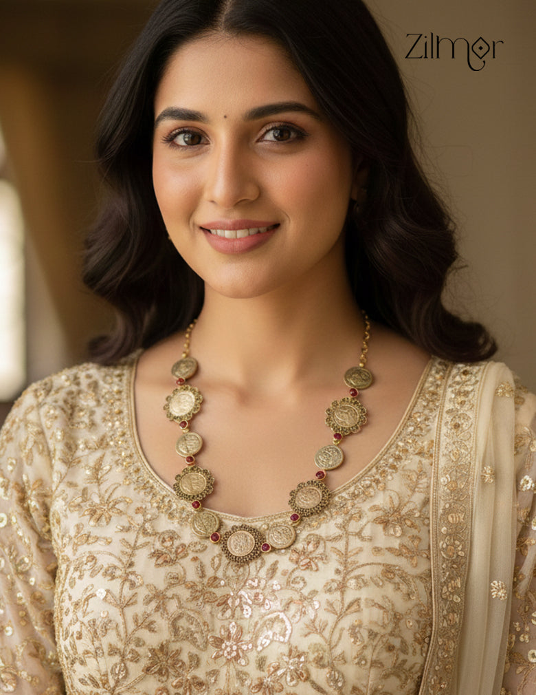 Gold Plated Kemp Stone with Antique Traditional Kaashu Lakshmi Necklace - ZS1012318