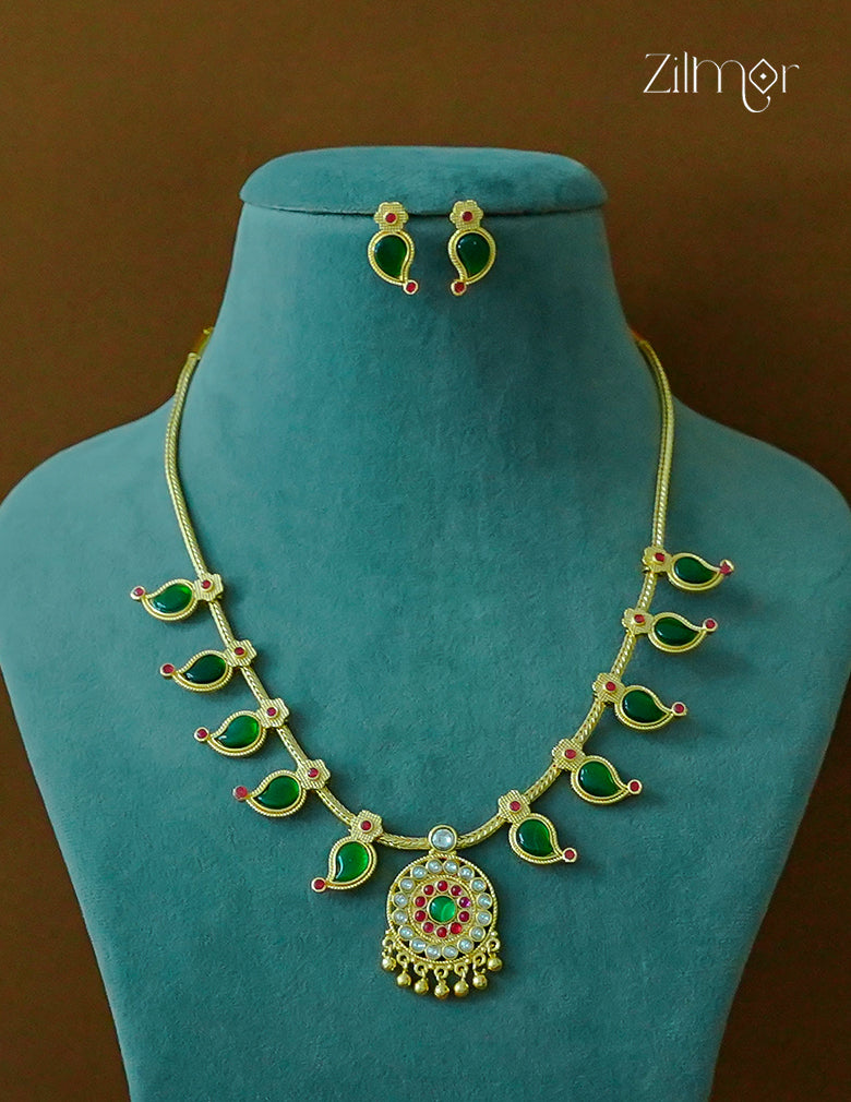 ZS1011923 - Kemp Stone Mango Palakka Traditional Necklace Earring set