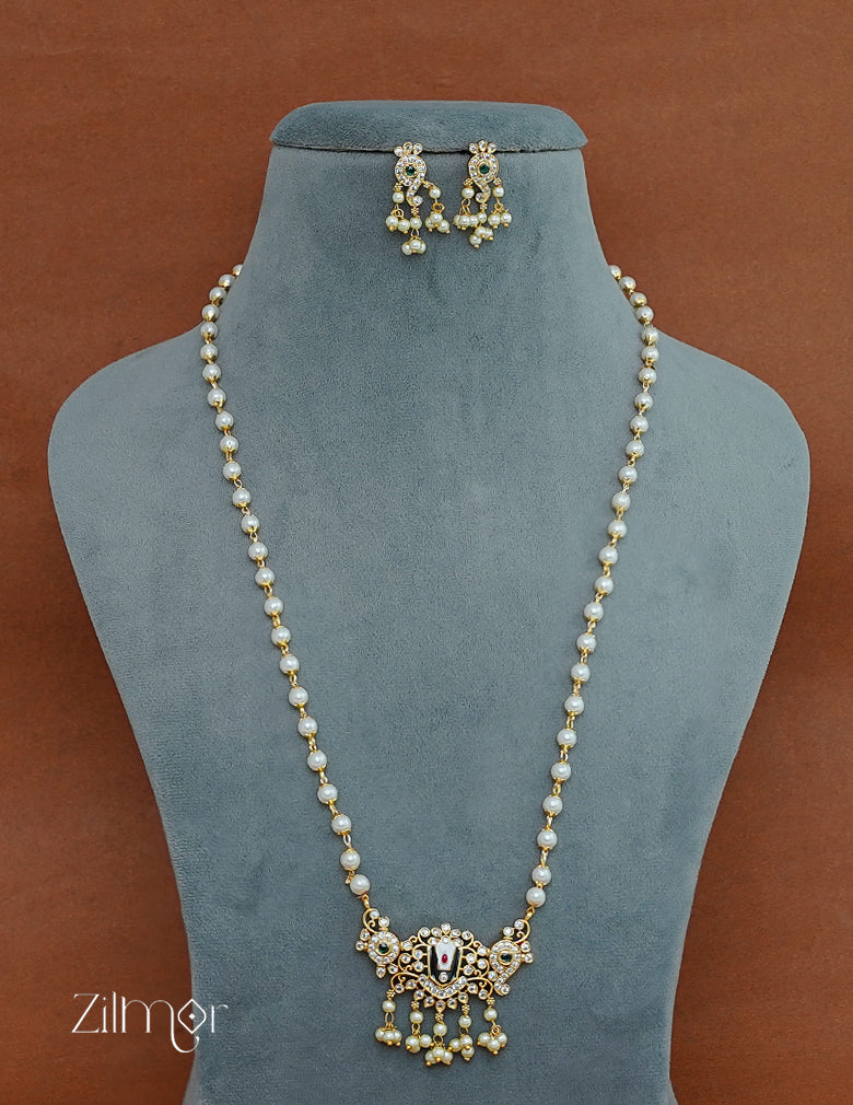 SN1011791 - AD Stone Shanku Chakra Perumal Pendant With  Long Pearl Necklace Earrings Set