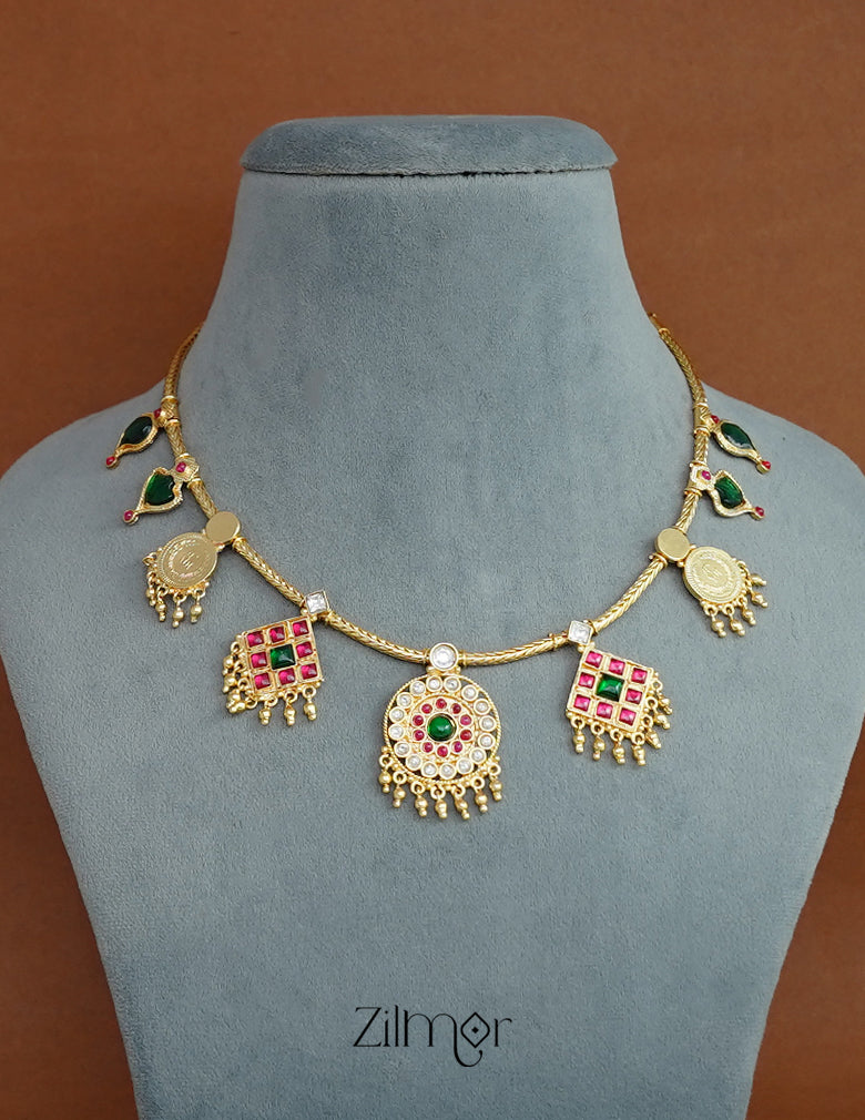 PP1011749- Kemp Stone Kaashu Coin & Palakka Traditional Necklace(Arya Maala) 3-Zilmor