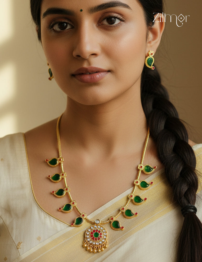 ZS1011923 - Kemp Stone Mango Palakka Traditional Necklace Earring set