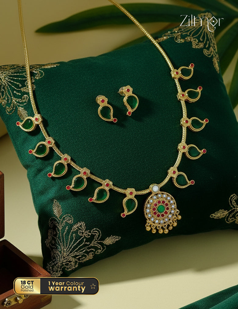 ZS1011923 - Kemp Stone Mango Palakka Traditional Necklace Earring set