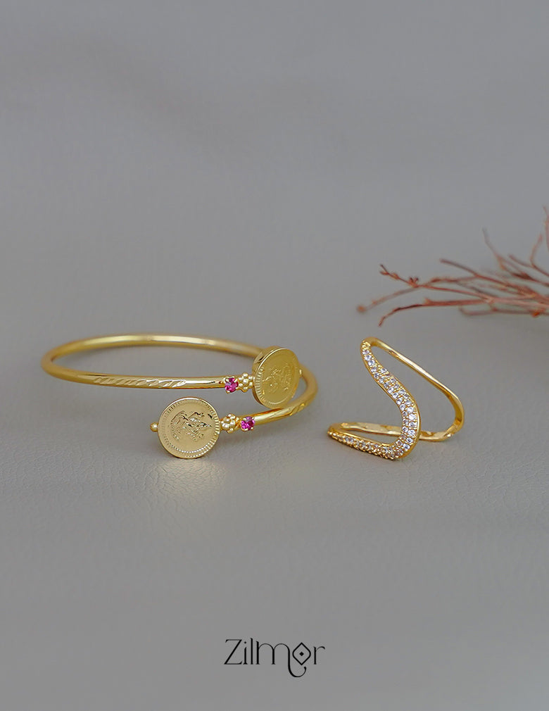 KY1011751 - Gold Plated Lakshmi coin Bangle with AD Vanki V- Shaped Ring Combo 4-Zilmor