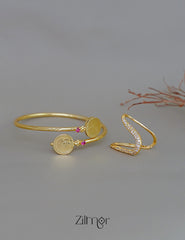 KY1011751 - Gold Plated Lakshmi coin Bangle with AD Vanki V- Shaped Ring Combo 4-Zilmor