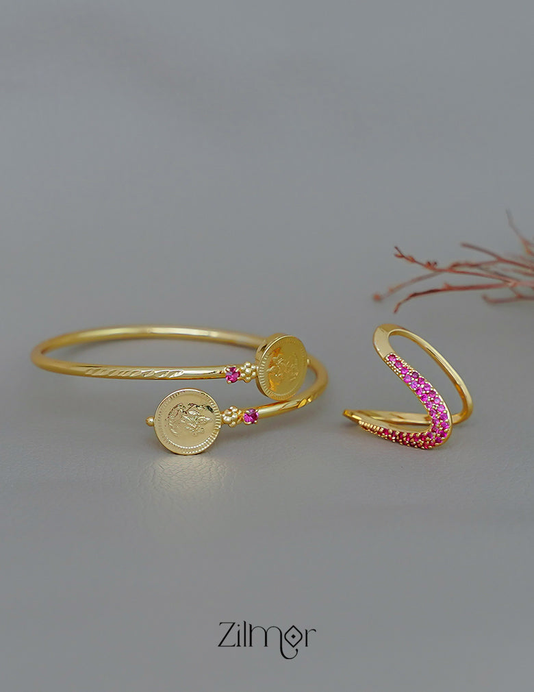 KY1011751 - Gold Plated Lakshmi coin Bangle with AD Vanki V- Shaped Ring Combo 5-Zilmor