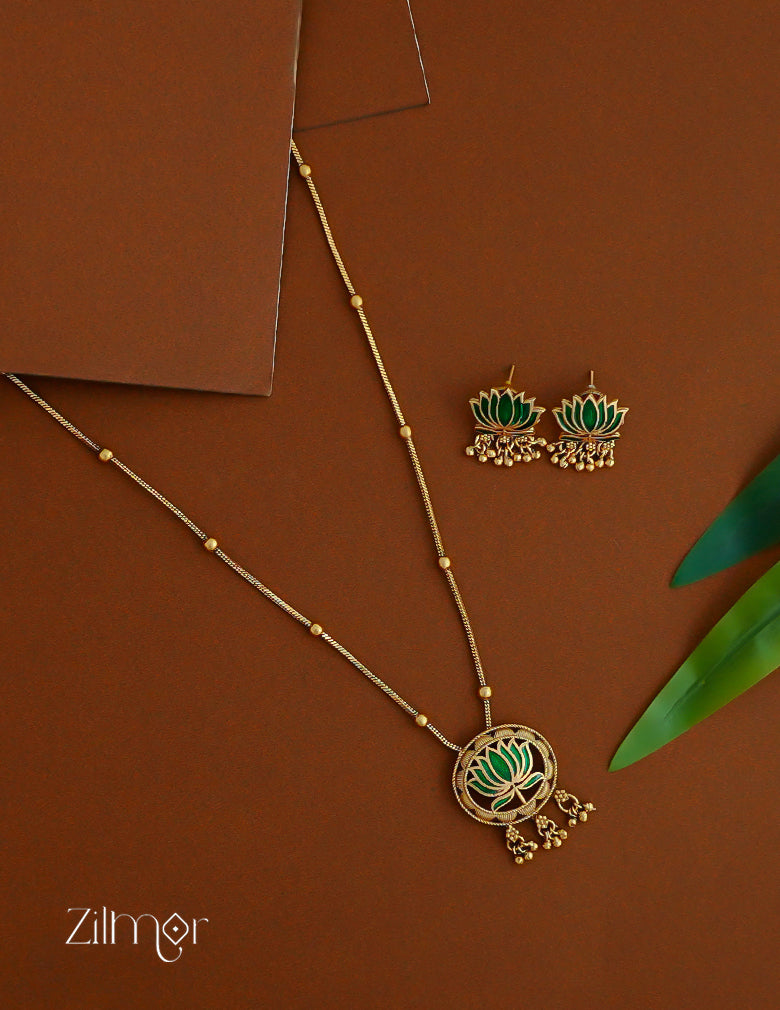 BH1012069 - Antique Lotus Pendant Necklace with Earrings (color option)
