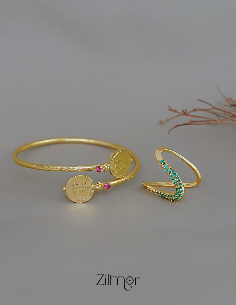 KY1011751 - Gold Plated Lakshmi coin Bangle with AD Vanki V- Shaped Ring Combo 6-Zilmor