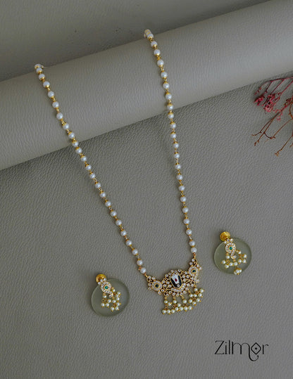 SN1011791 - AD Stone Shanku Chakra Perumal Pendant With  Long Pearl Necklace Earrings Set 2-Zilmor