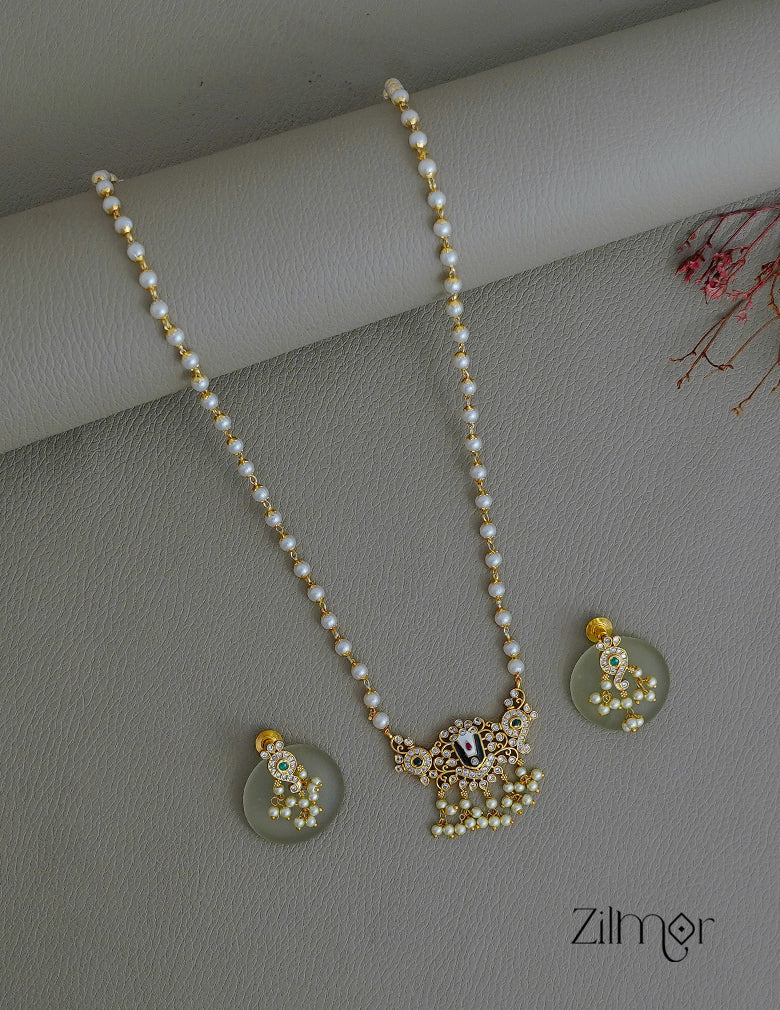 SN1011791 - AD Stone Shanku Chakra Perumal Pendant With  Long Pearl Necklace Earrings Set
