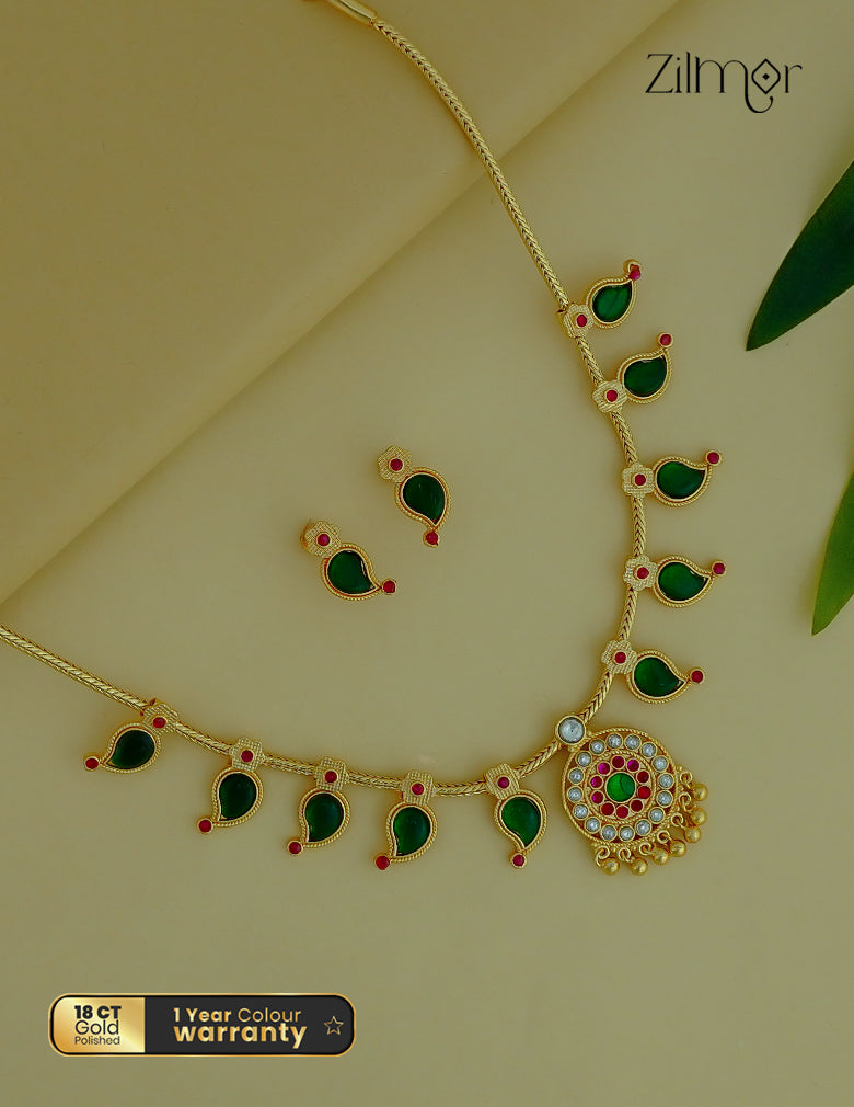 ZS1011923 - Kemp Stone Mango Palakka Traditional Necklace Earring set