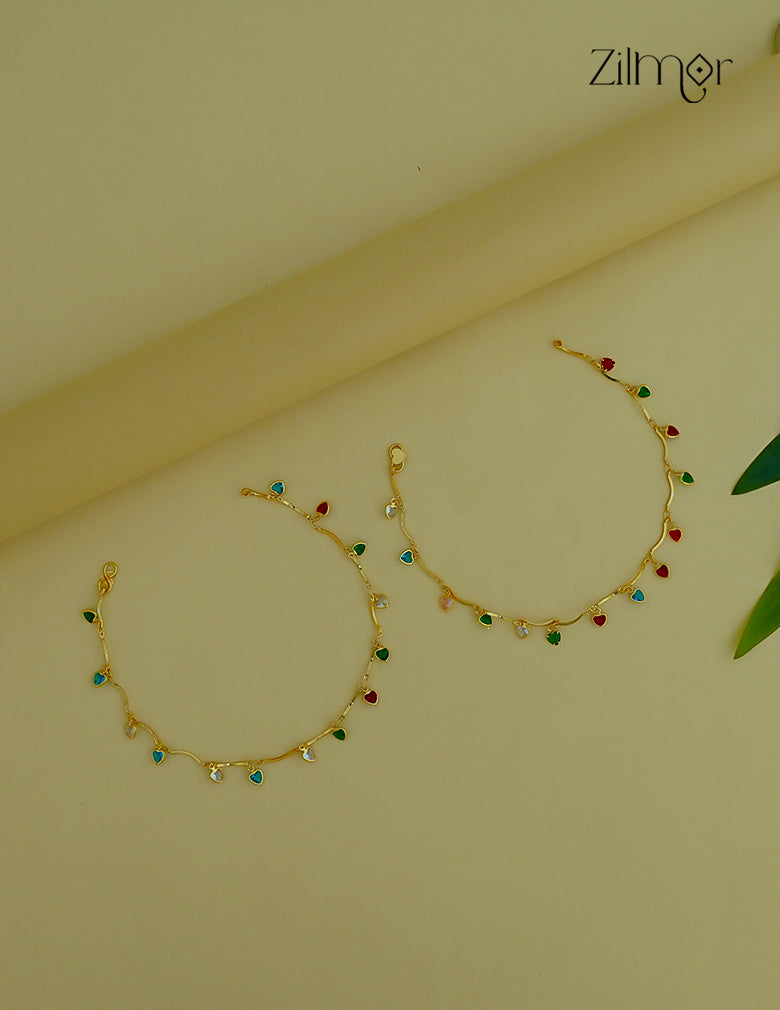 18k Gold Plated Multi colored Heart Charm Pair Anklet-KT1012196