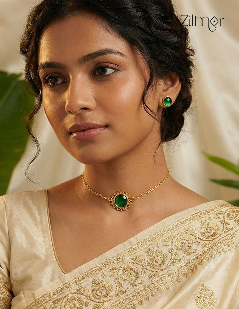 18k Goldplated Palakka Round Pendant choker Earring Set (color option) - KY1012206