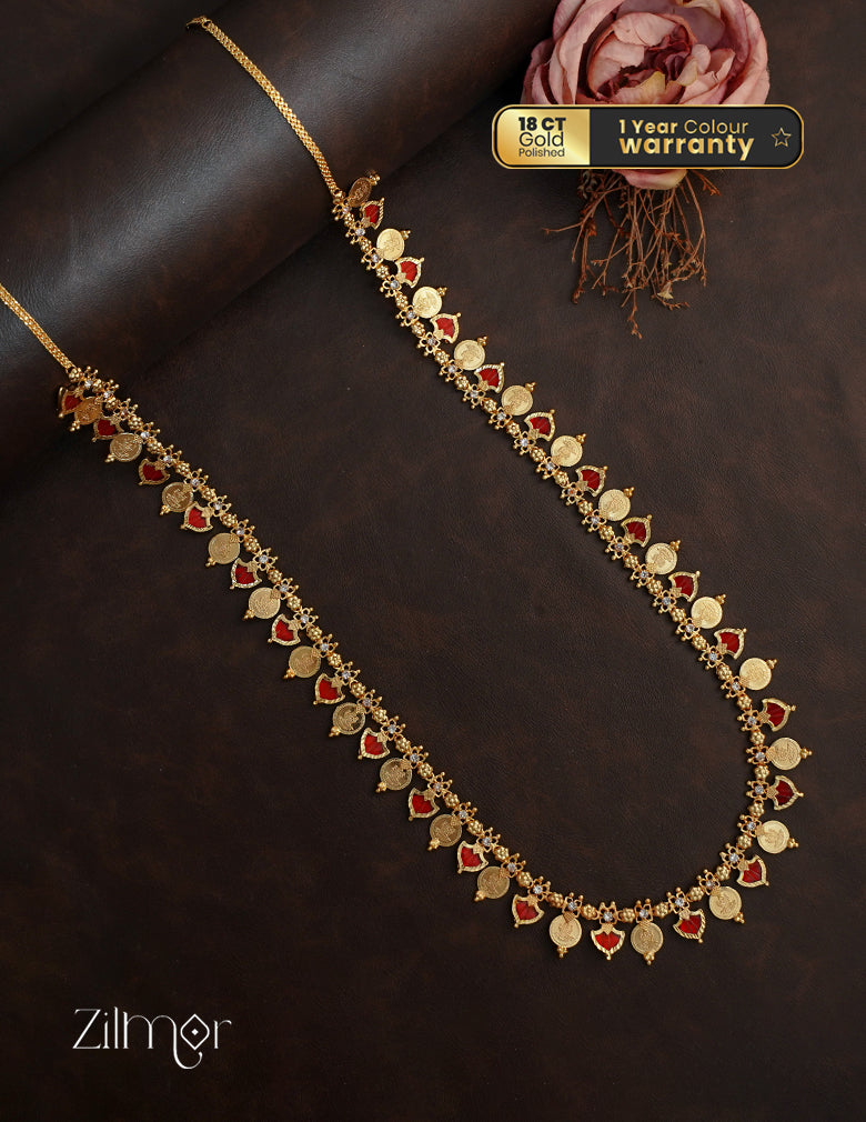 KY1011357 - Gold Plated Kaashu coin & Palakka Mala Long Necklace 4-Zilmor