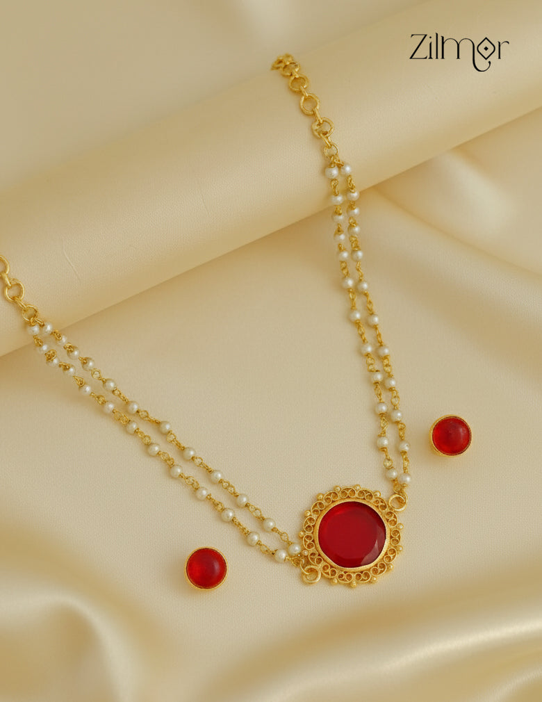 Premium Pearl Necklace with Palakka Round Pendant Earring Set (color option) - KY1012205