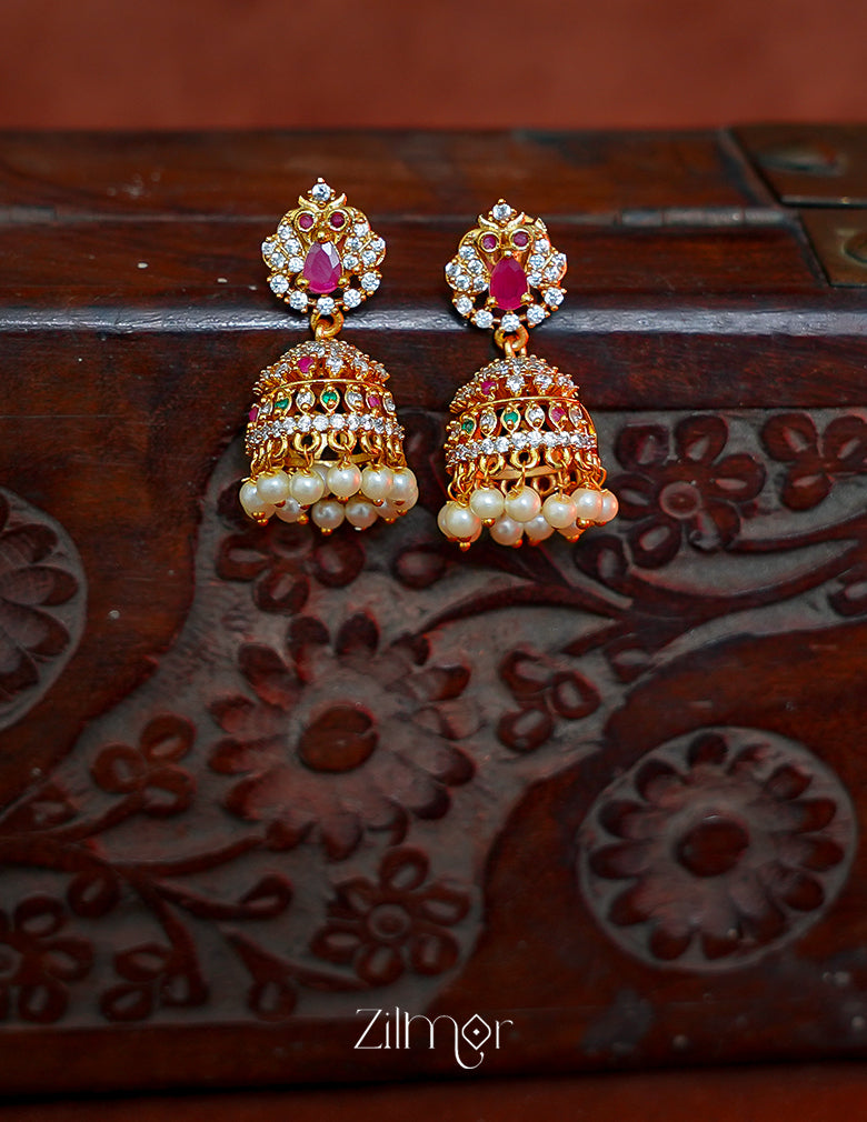 BH1012031- AD Stone Pearl Hanging Jumkha Earrings
