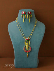 ZE1012064 - Lotus Pendant Premium Jadua Stone Double Layer Necklace Earrings Set