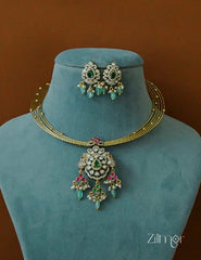 ZL1012022 - Antique Collar Hasli with Ad Stone Pendant Necklace Earring set