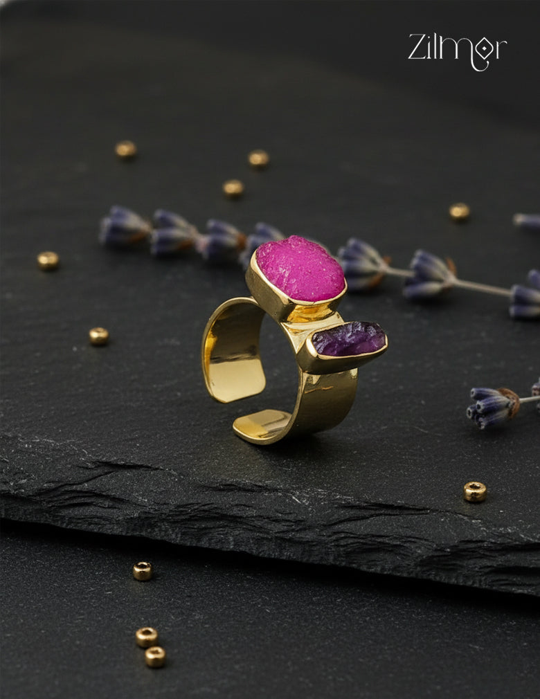 18K Gold Plated Handmade Natural Raw Stone Adjustable Ring – Anti-Tarnish - ZP1012180