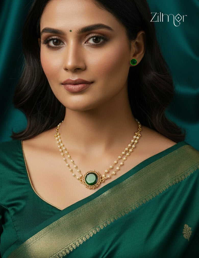 Premium Pearl Necklace with Palakka Round Pendant Earring Set (color option) - KY1012205