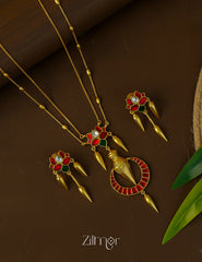 ZE1012064 - Lotus Pendant Premium Jadua Stone Double Layer Necklace Earrings Set