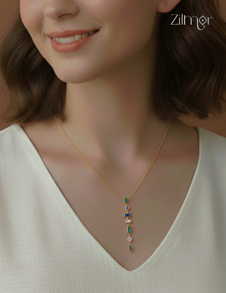 Gold Tone Multi color Stone Pendant Simple Necklace-ZF1012138