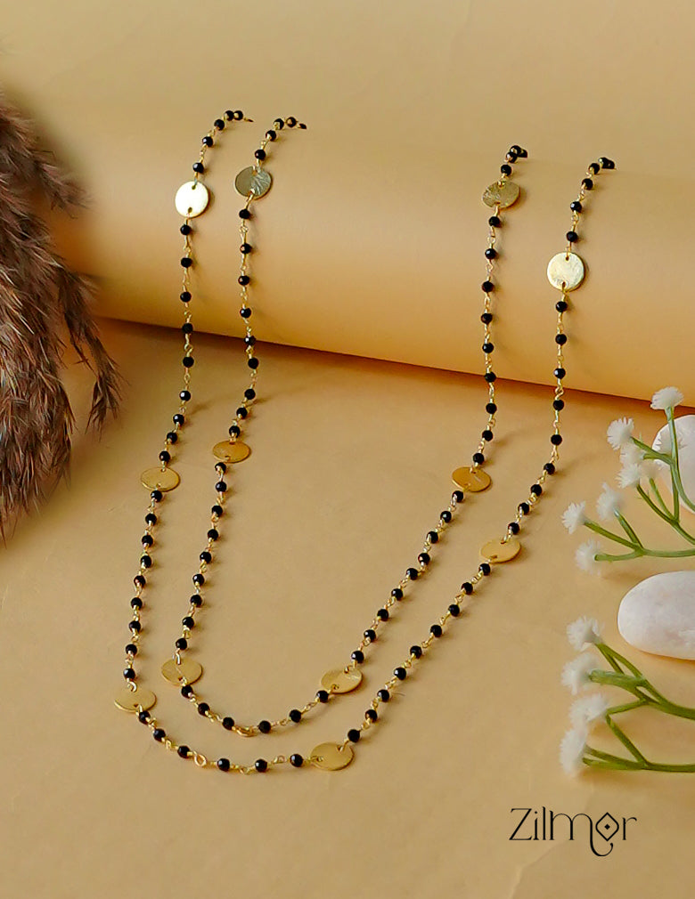 KY1011940 - Double Layer Black Beaded with Gold Disc Long Chain Necklace 1-Zilmor