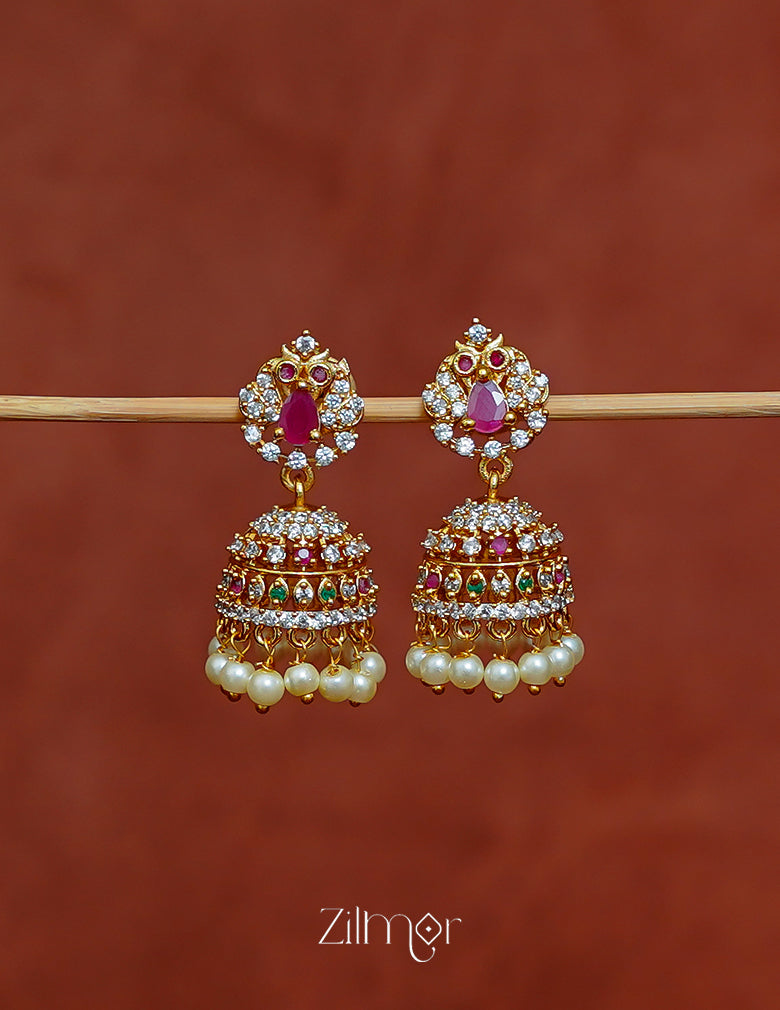 BH1012031- AD Stone Pearl Hanging Jumkha Earrings