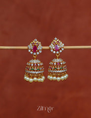 BH1012031- AD Stone Pearl Hanging Jumkha Earrings