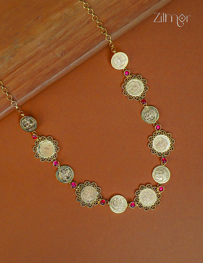 Gold Plated Kemp Stone with Antique Traditional Kaashu Lakshmi Necklace - ZS1012318